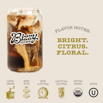 Bizzy Organic Cold Brew Coffee | Light & Bright Blend | Coarse Ground Coffee | Light Roast | Micro Sifted | Specialty Grade | 100% Arabica | 1 LB