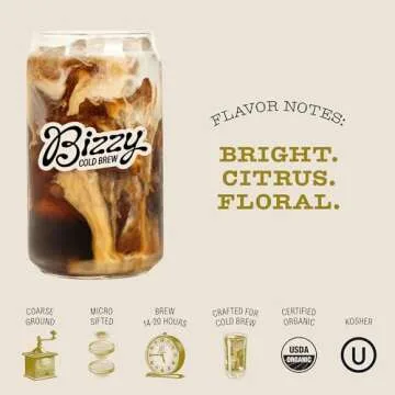 Bizzy Organic Cold Brew Coffee | Light & Bright Blend | Coarse Ground Coffee | Light Roast | Micro Sifted | Specialty Grade | 100% Arabica | 1 LB