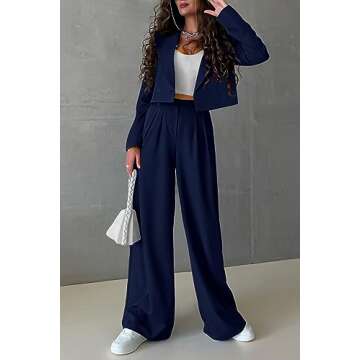 PRETTYGARDEN Women's 2 Piece Casual Outfits Cropped Blazer Jackets High Waisted Wide Leg Work Pants ...