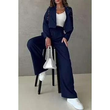PRETTYGARDEN Women's 2 Piece Casual Outfits Cropped Blazer Jackets High Waisted Wide Leg Work Pants Suit Set (Navy,Small)