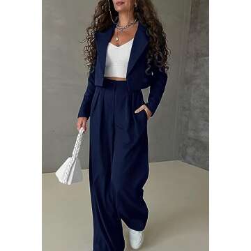 PRETTYGARDEN Women's 2 Piece Casual Outfits Cropped Blazer Jackets High Waisted Wide Leg Work Pants Suit Set (Navy,Small)