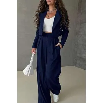 PRETTYGARDEN Women's 2 Piece Casual Outfits Cropped Blazer Jackets High Waisted Wide Leg Work Pants Suit Set (Navy,Small)