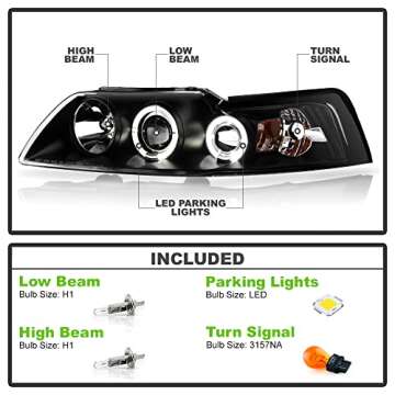 ACANII - For 1999-2004 Ford Mustang LED Halo Ring Black Housing Projector Headlights Headlamps, Driv...