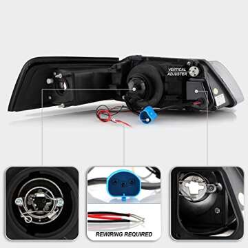 ACANII - For 1999-2004 Ford Mustang LED Halo Ring Black Housing Projector Headlights Headlamps, Driver & Passenger Side