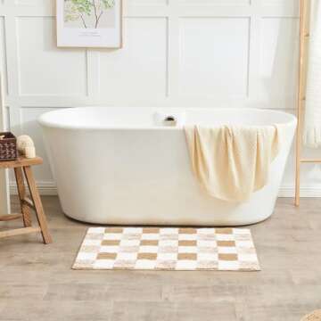 CozeCube Checkered Bath mats for Bathroom Non Slip, Fluffy Absorbent Microfiber Bath mat Washable, Aesthetic Bathroom Rugs, Cute Bath mat for Shower Sink, Beige, 32" x 20"