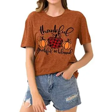 Thankful Grateful Blessed Shirts Women Thanksgiving Pumpkin T-Shirt Graphic Fall Tshirts(Khaki, XX-Large)