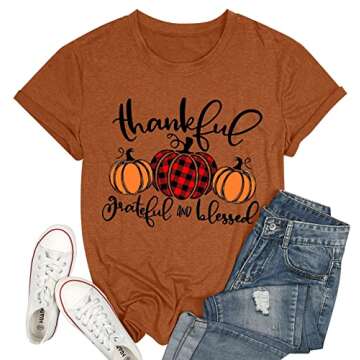 Thankful Grateful Blessed Shirts Women Thanksgiving Pumpkin T-Shirt Graphic Fall Tshirts(Khaki, XX-Large)