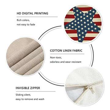 FBCOO July 4th Patriotic Farmhouse Decorative Throw Pillow Case Vintage American Flag Decoration Star Independence Day Sign Cushion Cover Home Decor 18 x 18 Inch Cotton Linen for Sofa Couch