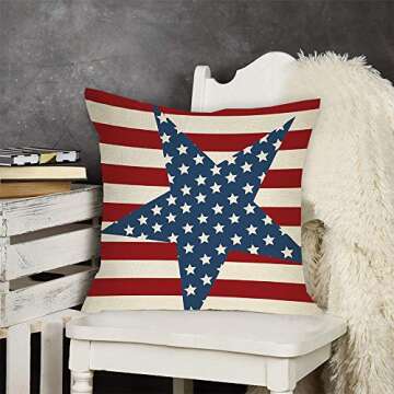 FBCOO July 4th Patriotic Farmhouse Decorative Throw Pillow Case Vintage American Flag Decoration Star Independence Day Sign Cushion Cover Home Decor 18 x 18 Inch Cotton Linen for Sofa Couch