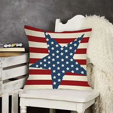 FBCOO July 4th Patriotic Farmhouse Decorative Throw Pillow Case Vintage American Flag Decoration Star Independence Day Sign Cushion Cover Home Decor 18 x 18 Inch Cotton Linen for Sofa Couch