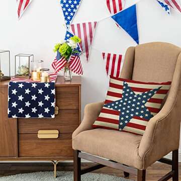 FBCOO July 4th Patriotic Farmhouse Decorative Throw Pillow Case Vintage American Flag Decoration Star Independence Day Sign Cushion Cover Home Decor 18 x 18 Inch Cotton Linen for Sofa Couch