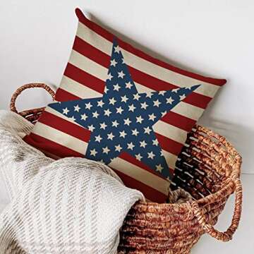 FBCOO July 4th Patriotic Farmhouse Decorative Throw Pillow Case Vintage American Flag Decoration Star Independence Day Sign Cushion Cover Home Decor 18 x 18 Inch Cotton Linen for Sofa Couch