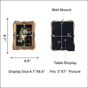WINPLUS+ Vintage Picture Frame 5x7, Wall Mount and Tabletop Display, Art Gallery Gift (Antique Gold 5x7)