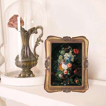 WINPLUS+ Vintage Picture Frame 5x7, Wall Mount and Tabletop Display, Art Gallery Gift (Antique Gold 5x7)