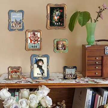 WINPLUS+ Vintage Picture Frame 5x7, Wall Mount and Tabletop Display, Art Gallery Gift (Antique Gold 5x7)
