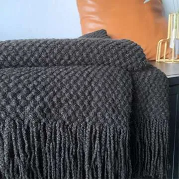 LOMAO Knitted Throw Blanket with Tassels Bubble Textured Lightweight Throws for Couch Cover Home Decor (Black, 50x60)