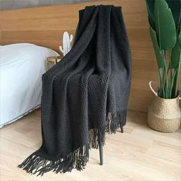 LOMAO Knitted Throw Blanket with Tassels Bubble Textured Lightweight Throws for Couch Cover Home Decor (Black, 50x60)