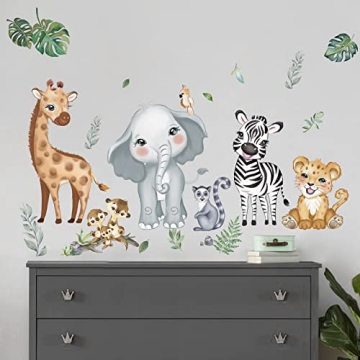 decalmile Jungle Animals Wall Decals Elephant Giraffe Safari Wall Stickers Baby Nursery Kids Room Li...