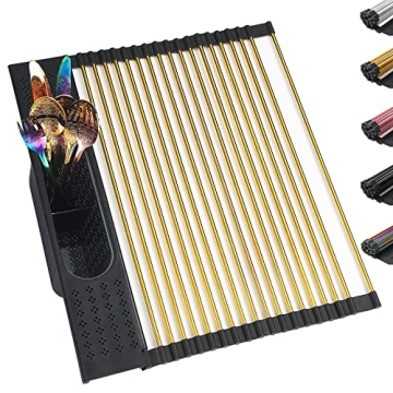 Berglander Gold Dish Drying Rack Over The Sink, L17.5*W 15" Rollable Tianium Golden Plating Stainles...
