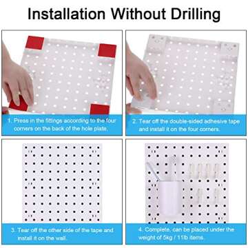 2 Pieces Pegboard Wall Organizer Small Pegboard Peg Board Wall Panel Kits Pegboard Accessories, 2 Installation Methods, No Harm to The Wall for Garage Kitchen Bathroom Office (White)