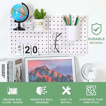 2 Pieces Pegboard Wall Organizer Small Pegboard Peg Board Wall Panel Kits Pegboard Accessories, 2 Installation Methods, No Harm to The Wall for Garage Kitchen Bathroom Office (White)