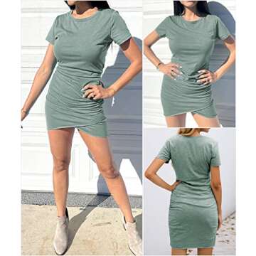 BTFBM Women's 2025 Summer Casual Beach Dresses Crew Neck Short Sleeve Wrap Party Club Mini Ruched Bodycon T Shirt Dress(Grey Green, Large)