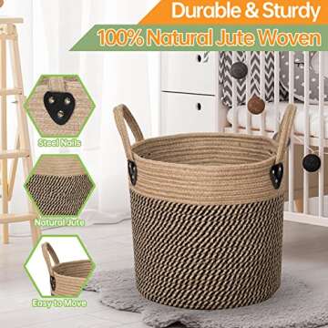 ZOES HOMEWARE 14"x12" Natural Jute Rope Woven Storage Basket with Handles for Plant, Blankets,Toys,C...