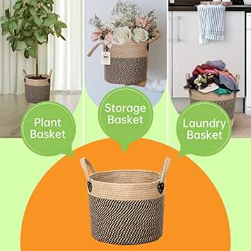 ZOES HOMEWARE 14"x12" Natural Jute Rope Woven Storage Basket with Handles for Plant, Blankets,Toys,Clothes,Shoes - Living Room Home Decor,Multifunctional Basket for Organizer,Picnic,Artificial Tree