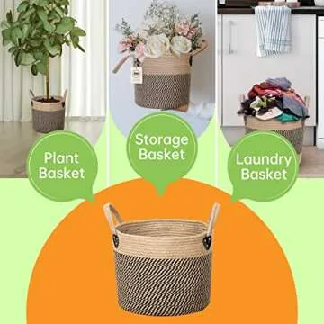 ZOES HOMEWARE 14"x12" Natural Jute Rope Woven Storage Basket with Handles for Plant, Blankets,Toys,Clothes,Shoes - Living Room Home Decor,Multifunctional Basket for Organizer,Picnic,Artificial Tree