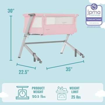Dream On Me Skylar Bassinet and Beside Sleeper in Pink, Lightweight and Portable Baby Bassinet, Five Position Adjustable Height, Easy to Fold and Carry Travel Bassinet, JPMA Certified
