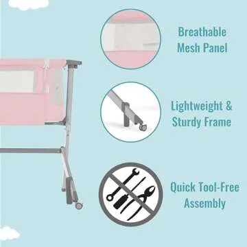 Dream On Me Skylar Bassinet and Beside Sleeper in Pink, Lightweight and Portable Baby Bassinet, Five Position Adjustable Height, Easy to Fold and Carry Travel Bassinet, JPMA Certified