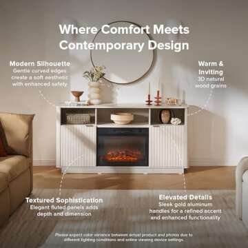 mopio Brooklyn Electric Fireplace TV Stand with Storage fits up to 65 Inch TV Stand, Modern Farmhouse Entertainment Center for Living Room, Fluted Fireplace Television Media Console (White Oak Fluted)