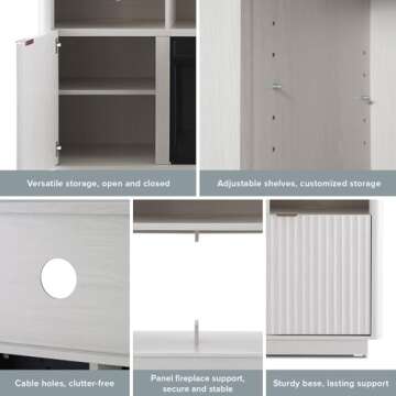 mopio Brooklyn Electric Fireplace TV Stand with Storage fits up to 65 Inch TV Stand, Modern Farmhouse Entertainment Center for Living Room, Fluted Fireplace Television Media Console (White Oak Fluted)