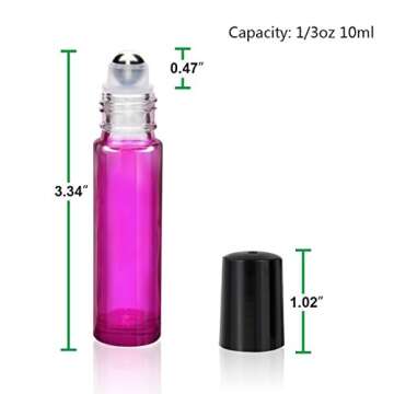 Olilia Glass Roll on Bottles with Metal Roller Balls - Essential Oils Key included 12 Pack of 10ml(1/3oz) (Mixed Color - Black Lids)