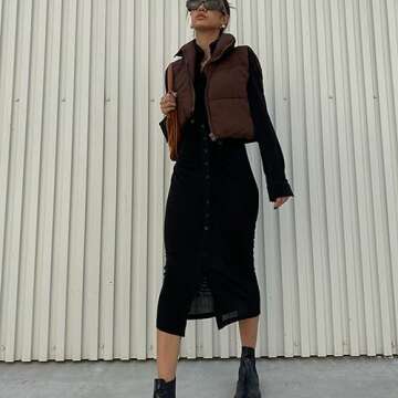 Shiyifa Women's Fashion High Neck Zipper Cropped Puffer Vest Jacket Coat (Coffee, Large)