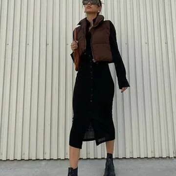 Shiyifa Women's Fashion High Neck Zipper Cropped Puffer Vest Jacket Coat (Coffee, Large)