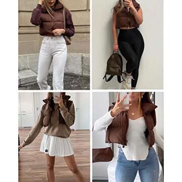 Shiyifa Women's Fashion High Neck Zipper Cropped Puffer Vest Jacket Coat (Coffee, Large)