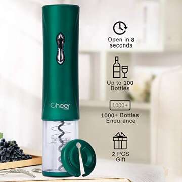 Cheer Moda Wine Opener,Electric Wine Bottle Opener Corkscrew,Wine Opener with Foil Cutter, 4AA Battery Powered Cordless Battery Not Include-Best Gift for Wine Lover, Green