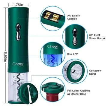 Cheer Moda Wine Opener,Electric Wine Bottle Opener Corkscrew,Wine Opener with Foil Cutter, 4AA Battery Powered Cordless Battery Not Include-Best Gift for Wine Lover, Green