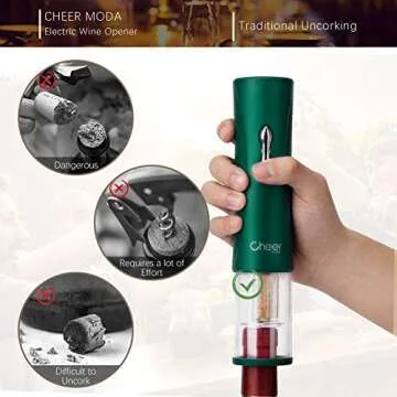 Cheer Moda Wine Opener,Electric Wine Bottle Opener Corkscrew,Wine Opener with Foil Cutter, 4AA Battery Powered Cordless Battery Not Include-Best Gift for Wine Lover, Green