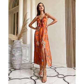 Fashionme Women Spaghetti Strap Midi Satin Dresses Tie Front Backless Split Summer Casual Floral Dre...