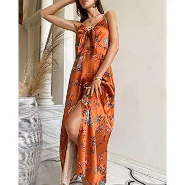 Fashionme Women Spaghetti Strap Midi Satin Dresses Tie Front Backless Split Summer Casual Floral Dress Hollow Flowy Slip Dress Sundress Wedding Guest Beach Cocktail Graduation Orange