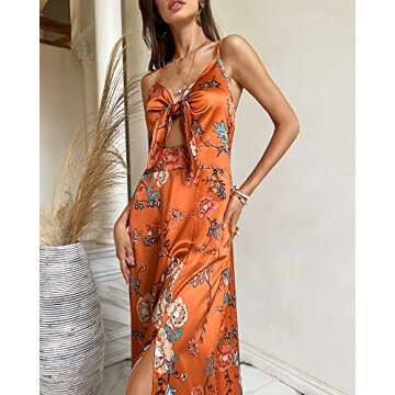 Fashionme Women Spaghetti Strap Midi Satin Dresses Tie Front Backless Split Summer Casual Floral Dress Hollow Flowy Slip Dress Sundress Wedding Guest Beach Cocktail Graduation Orange