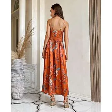 Fashionme Women Spaghetti Strap Midi Satin Dresses Tie Front Backless Split Summer Casual Floral Dress Hollow Flowy Slip Dress Sundress Wedding Guest Beach Cocktail Graduation Orange