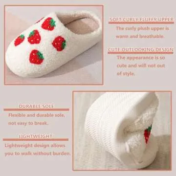 V OPXIN Strawberry Slippers for Women Men Cute Slippers Cozy Plush Fuzzy Cushion Fluffy Slippers Soft Warm Slip-on House Slippers for Indoor and Outdoor