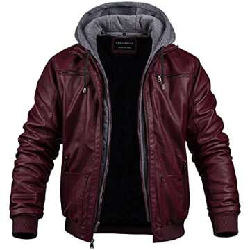 CREATMO US Men's Removable Hood Slim Faux Leather Bomber Jacket Wine Red Light S