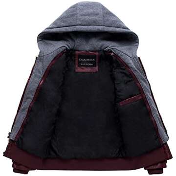 CREATMO US Men's Removable Hood Slim Faux Leather Bomber Jacket Wine Red Light S