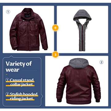 CREATMO US Men's Removable Hood Slim Faux Leather Bomber Jacket Wine Red Light S