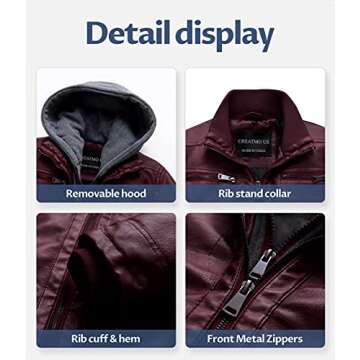 CREATMO US Men's Removable Hood Slim Faux Leather Bomber Jacket Wine Red Light S