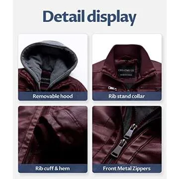 CREATMO US Men's Removable Hood Slim Faux Leather Bomber Jacket Wine Red Light S